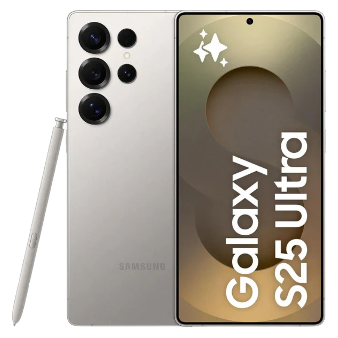 Samsung Galaxy S25 Ultra phone with stylus on a white background